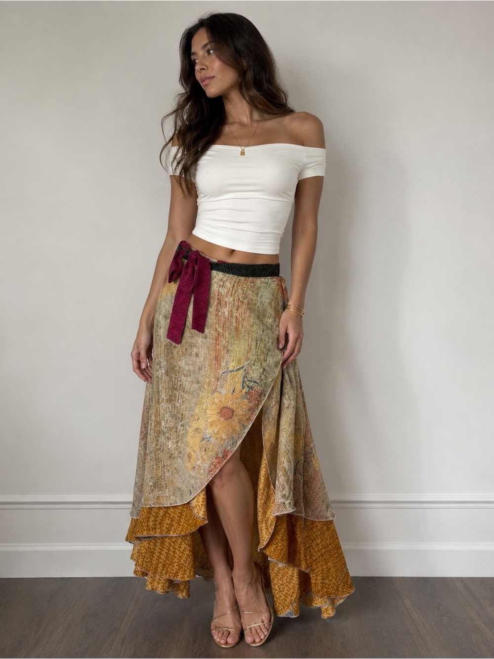 Bohemian Sunflower High-Low Wrap Skirt - Mustard Multicolor ONE SIZE